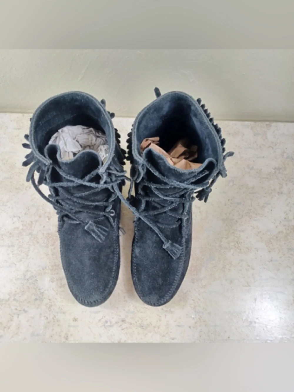Minnetonka black Suede Fringe Lace-Up Moccasins - Picture 3 of 11
